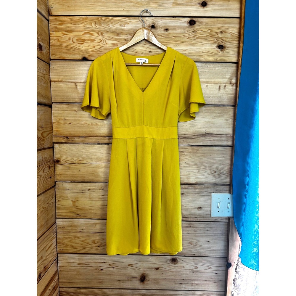 Monteau Los Angeles Mustard Yellow V-Neck Flutter Sleeve Smocked Back Dress S